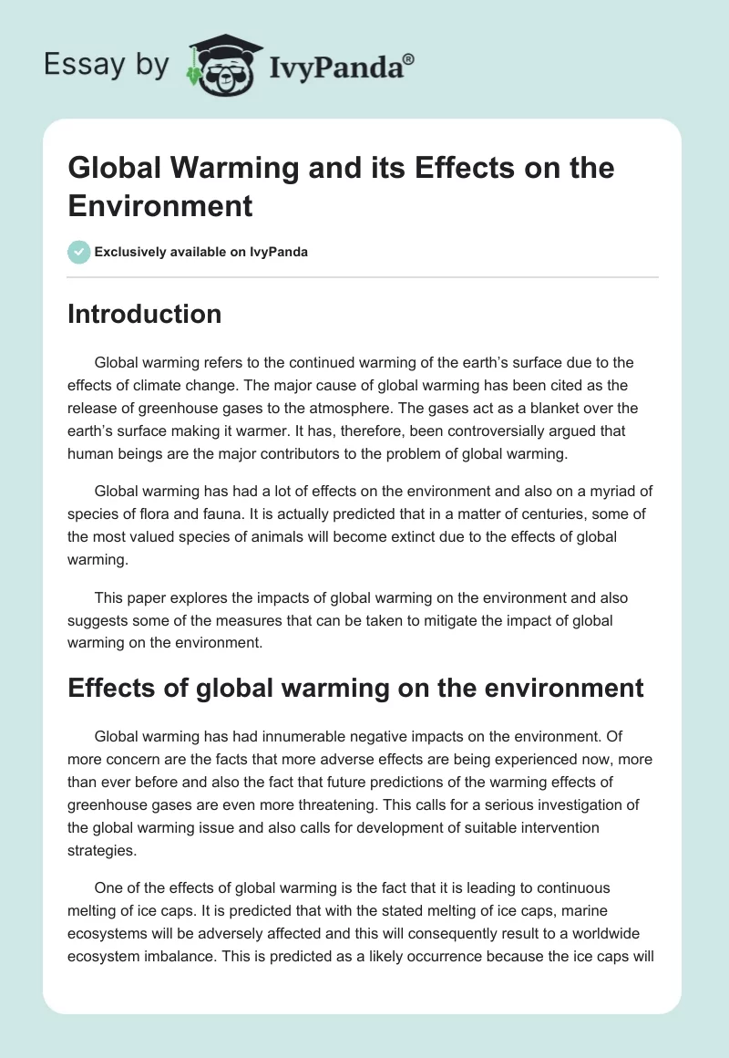 Global Warming and Its Effects on the Environment. Page 1