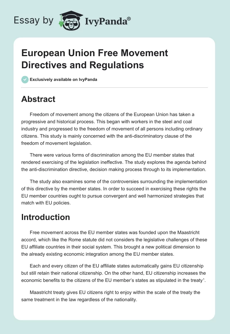 European Union Free Movement Directives and Regulations. Page 1