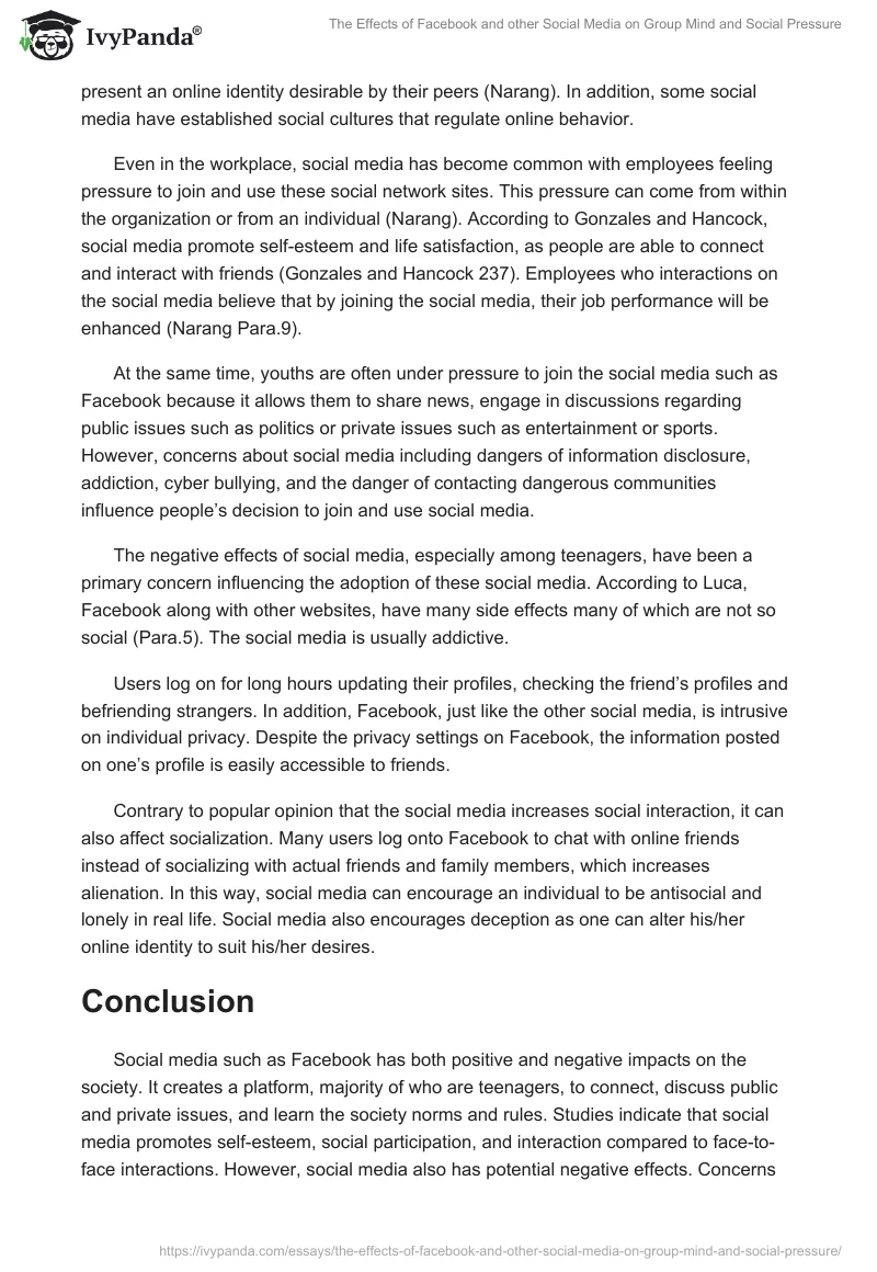 The Effects of Facebook and Other Social Media on Group Mind and Social Pressure. Page 4