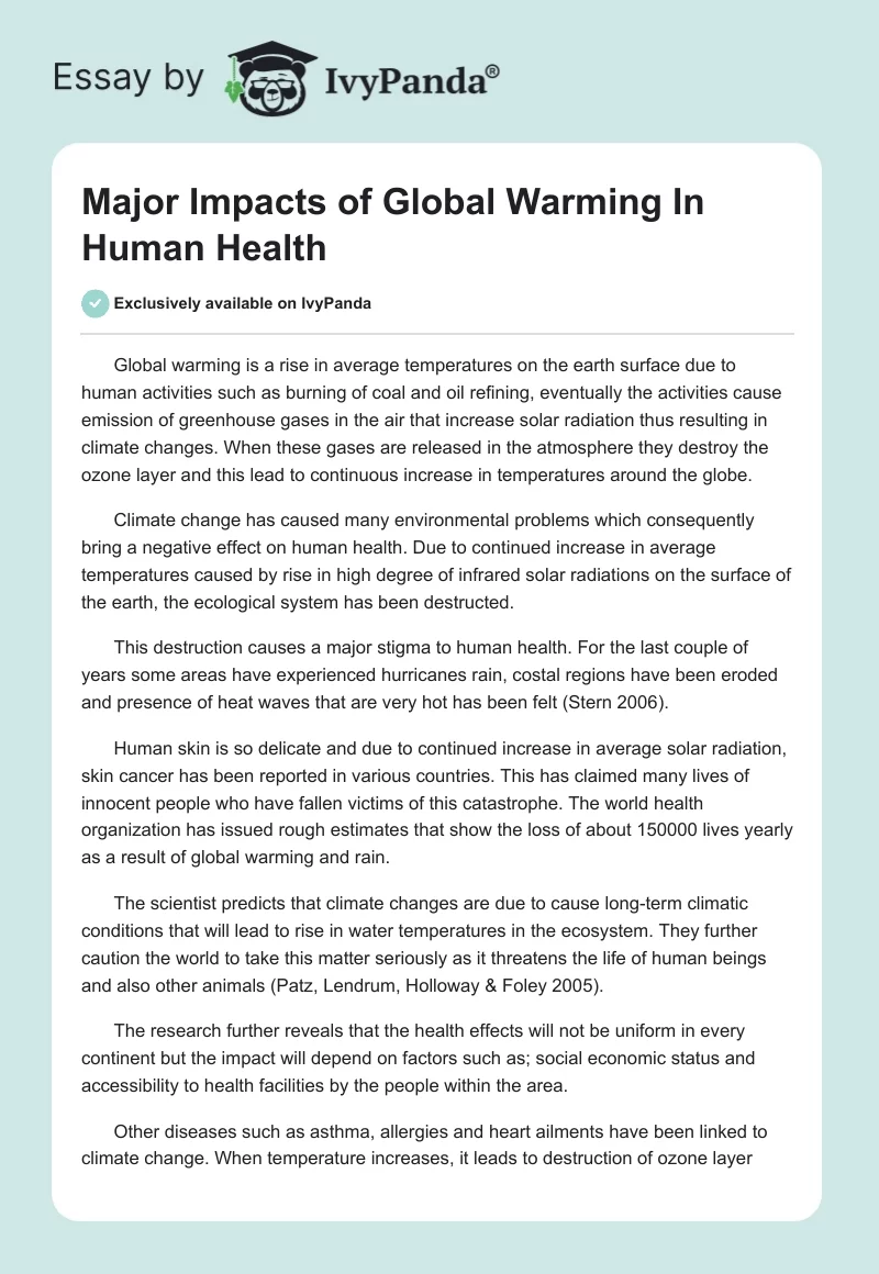 Major Impacts of Global Warming In Human Health. Page 1