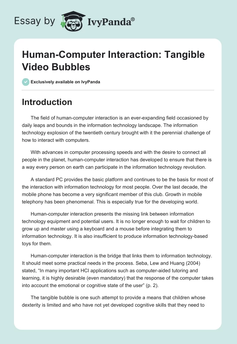Human-Computer Interaction: Tangible Video Bubbles. Page 1
