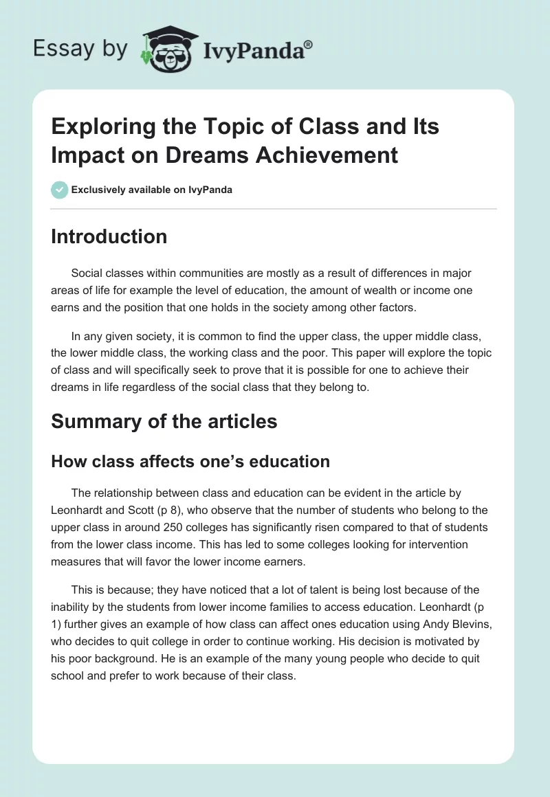 Exploring the Topic of Class and Its Impact on Dreams Achievement. Page 1