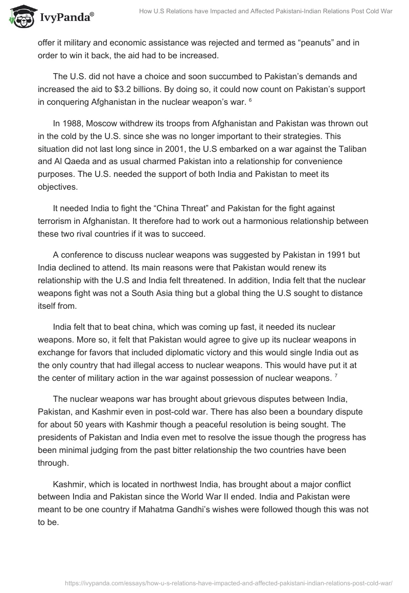 How U.S. Relations Have Impacted and Affected Pakistani-Indian Relations Post Cold War. Page 4