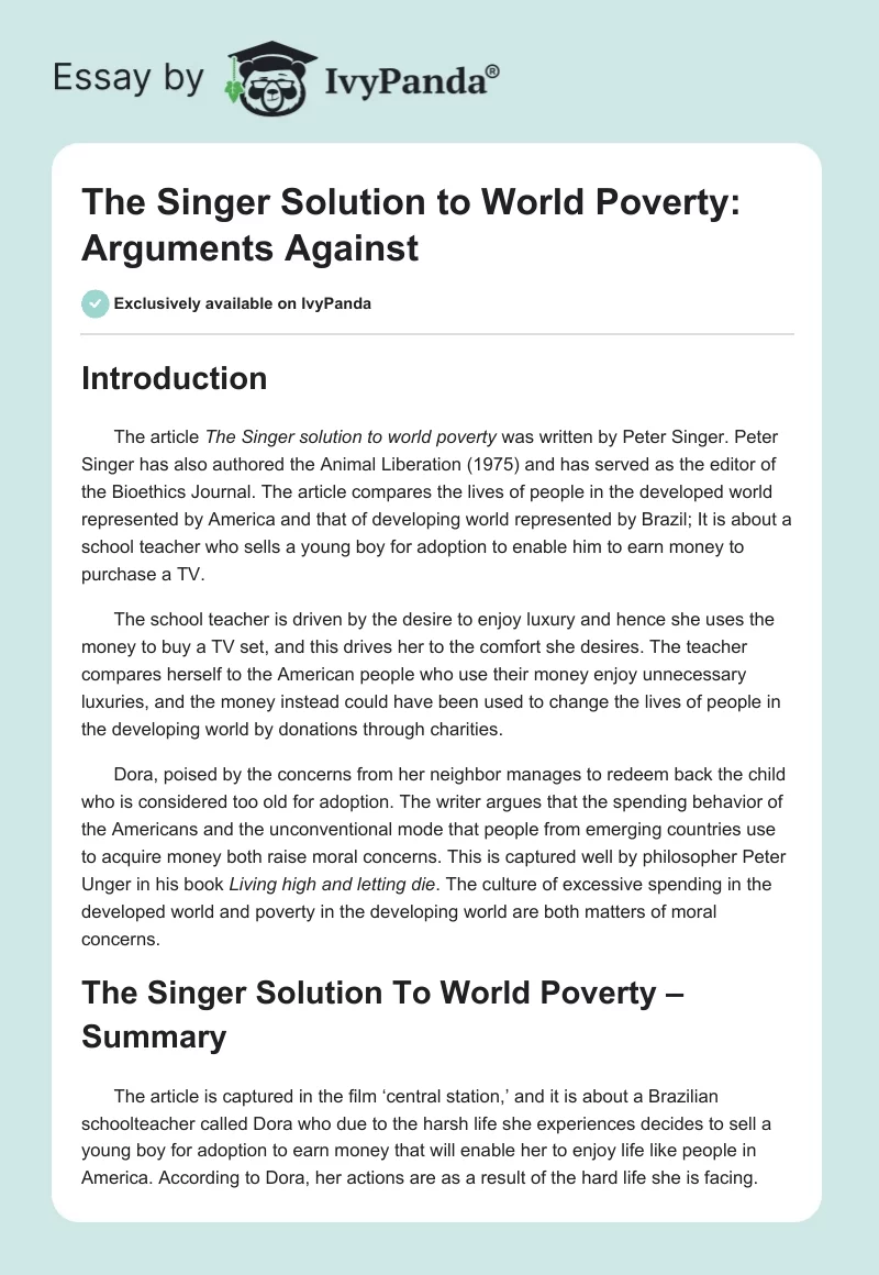 The Singer Solution to World Poverty: Arguments Against. Page 1