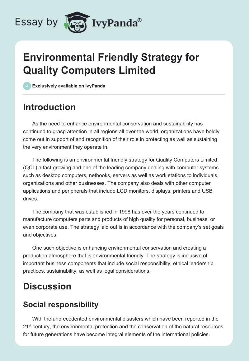 Environmental Friendly Strategy for Quality Computers Limited. Page 1