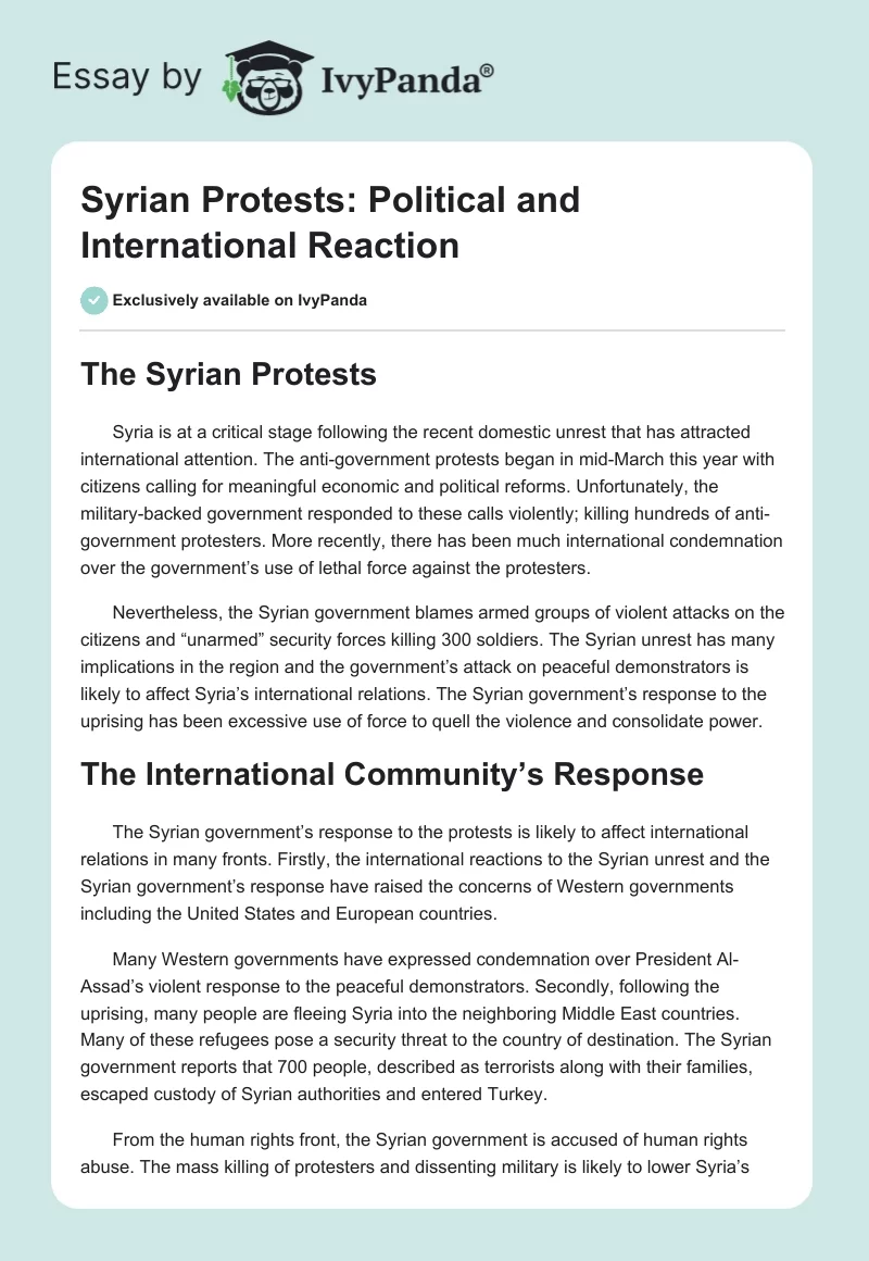 Syrian Protests: Political and International Reaction. Page 1
