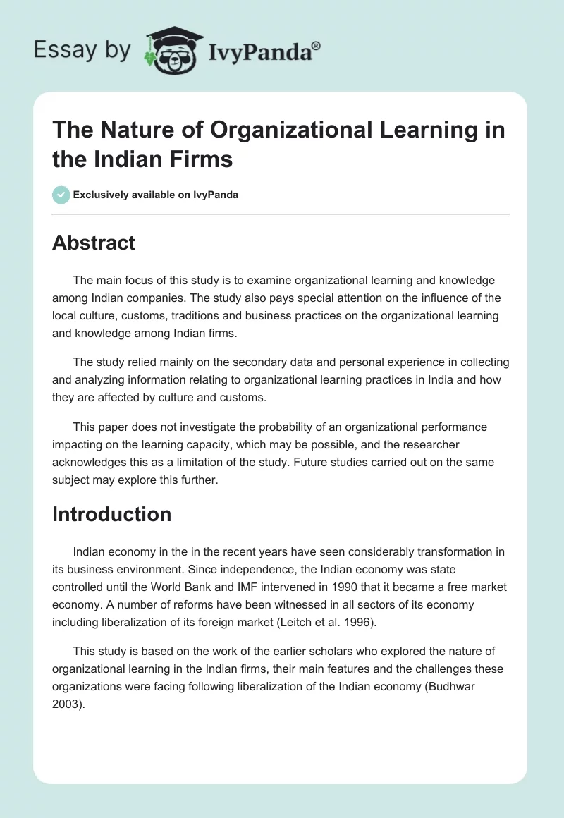 The Nature of Organizational Learning in the Indian Firms. Page 1