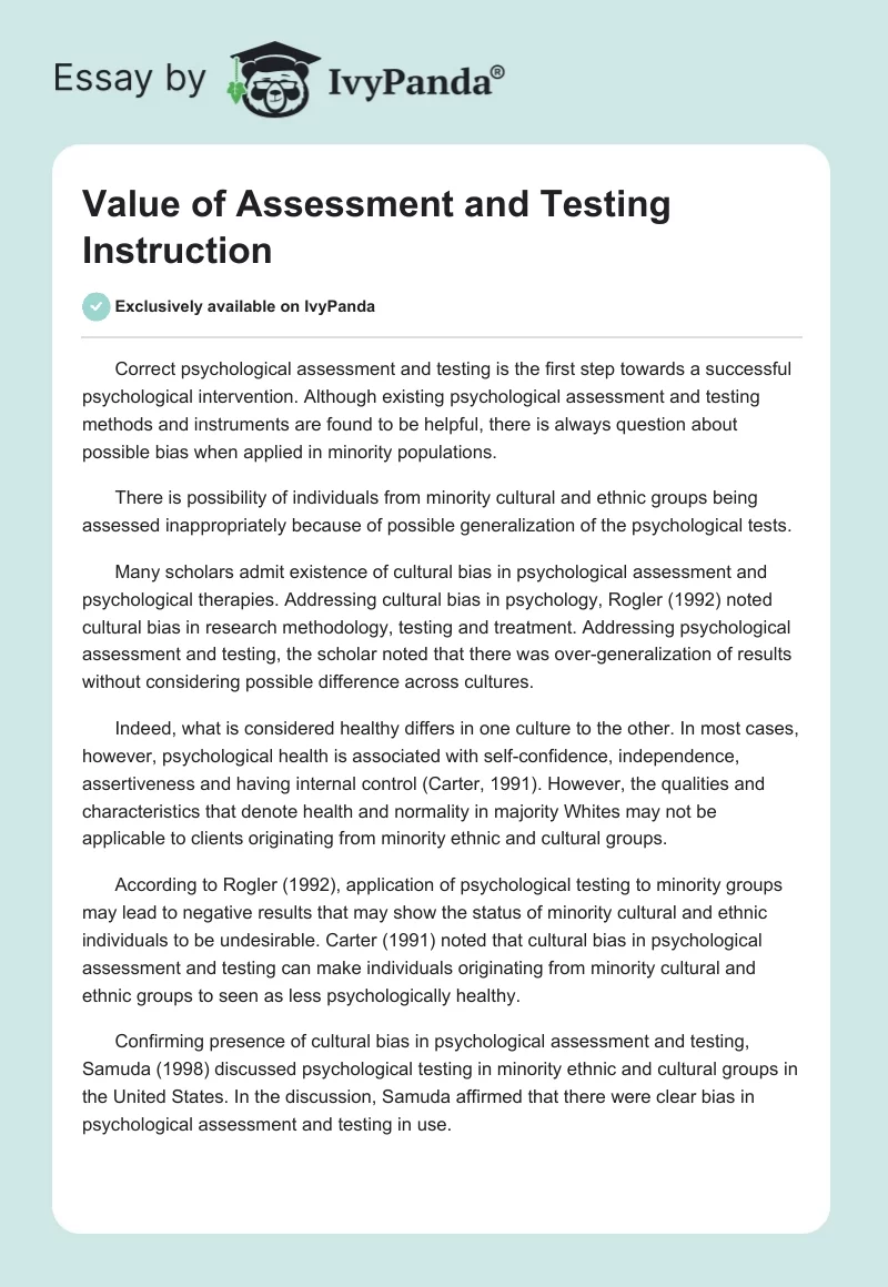 Value of Assessment and Testing Instruction. Page 1
