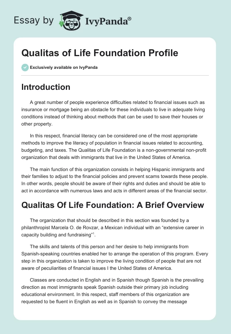 Qualitas of Life Foundation Profile. Page 1