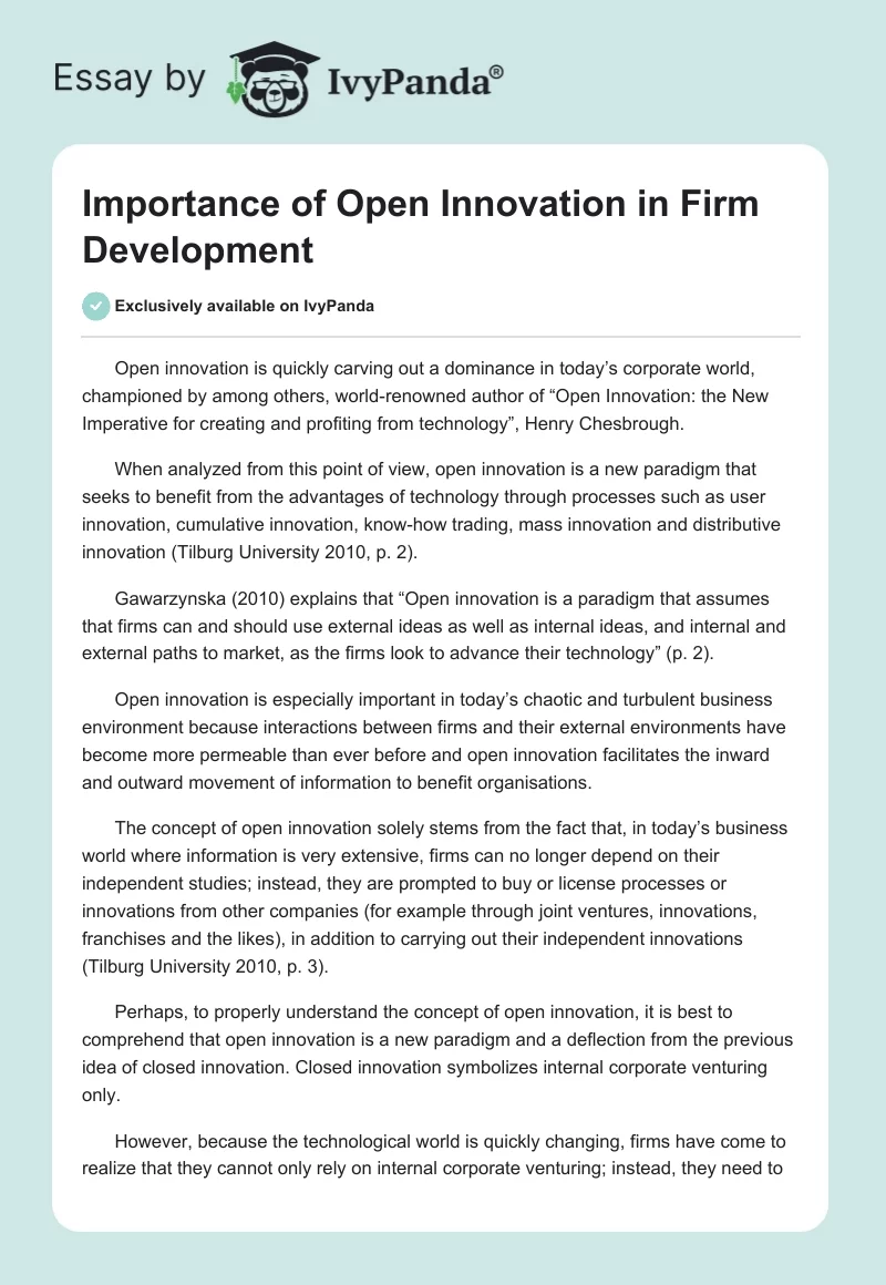 Importance of Open Innovation in Firm Development. Page 1