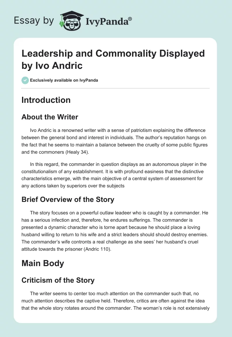 Leadership and Commonality Displayed by Ivo Andric. Page 1