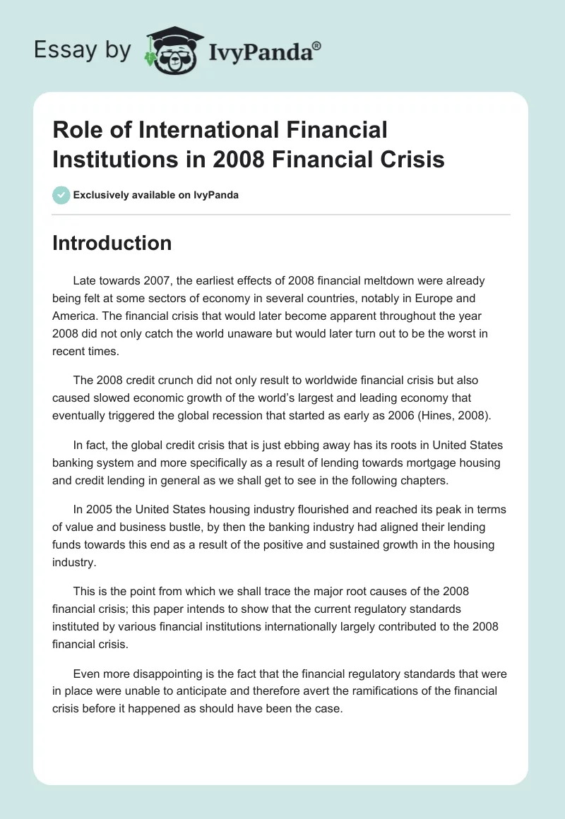 Role of International Financial Institutions in 2008 Financial Crisis. Page 1