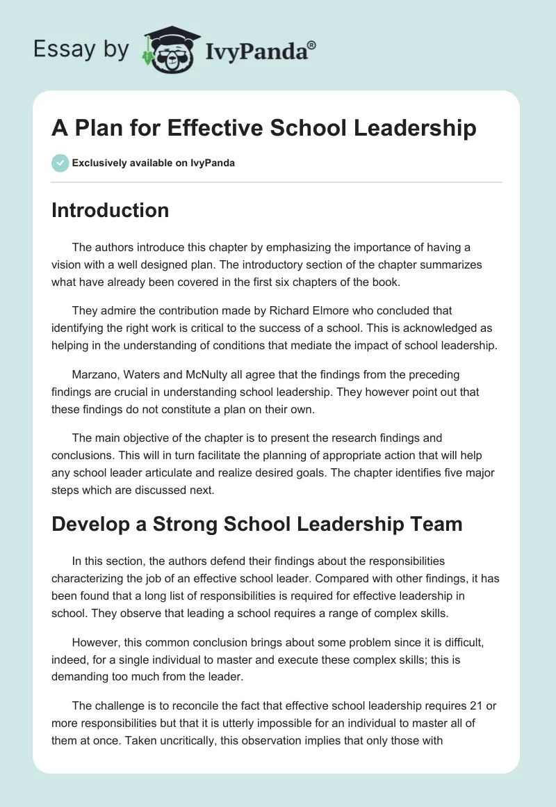 A Plan for Effective School Leadership. Page 1