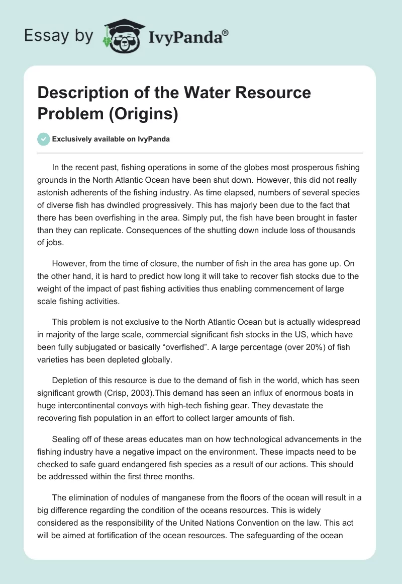 Description of the Water Resource Problem (Origins). Page 1