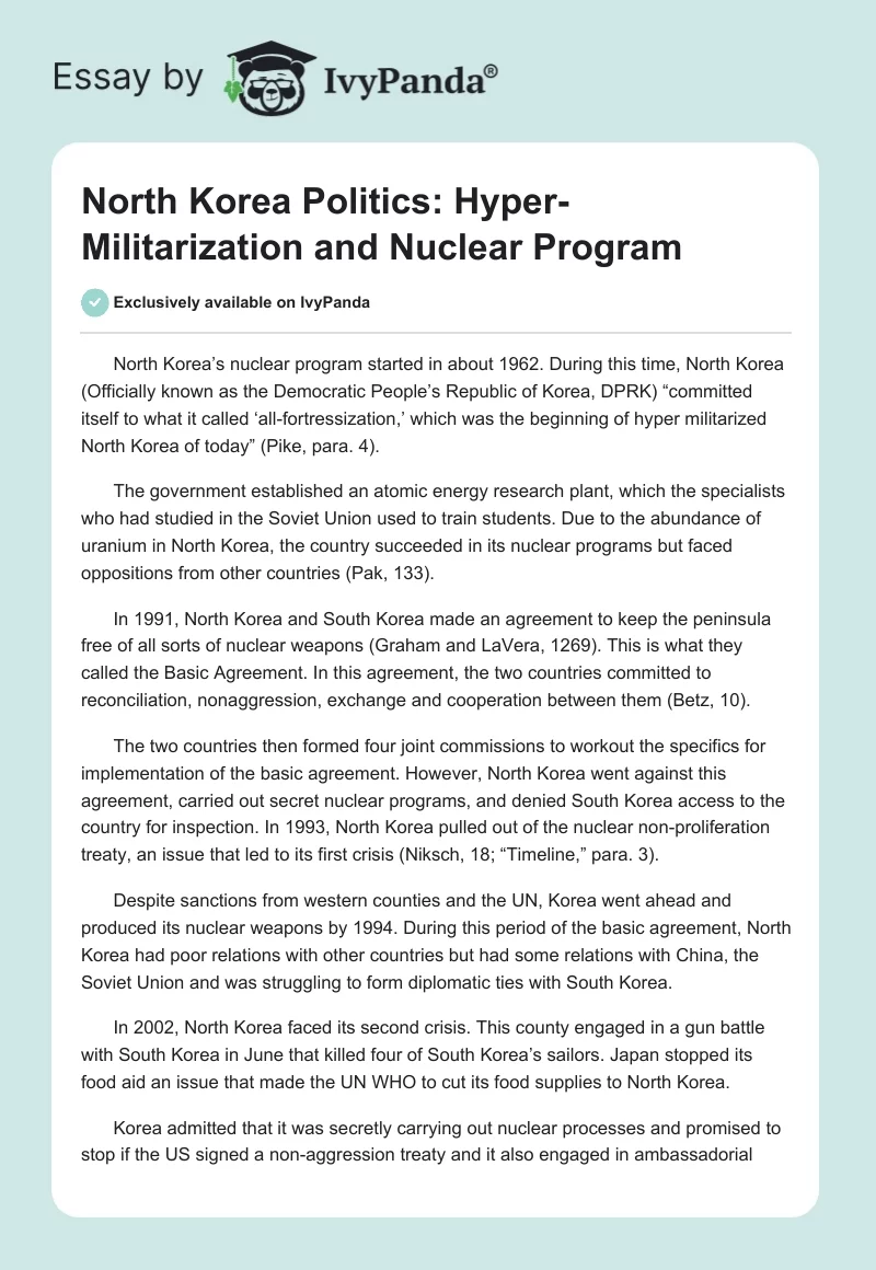 North Korea Politics: Hyper-Militarization and Nuclear Program. Page 1