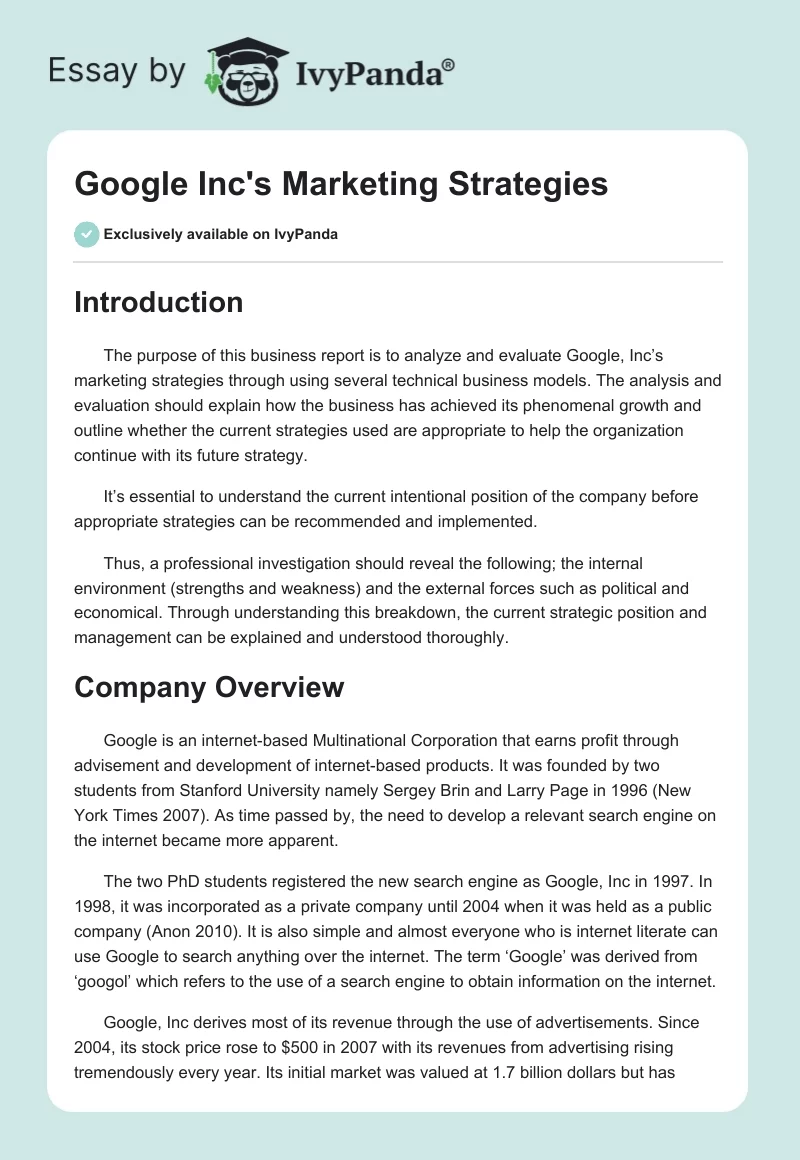 Google Inc's Marketing Strategies. Page 1
