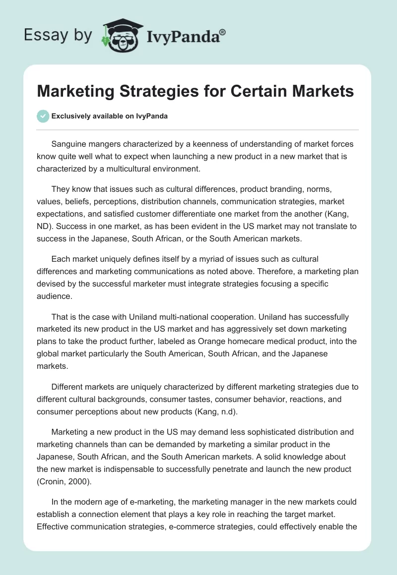 Marketing Strategies for Certain Markets. Page 1