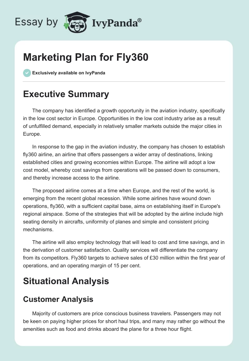Marketing Plan for Fly360. Page 1