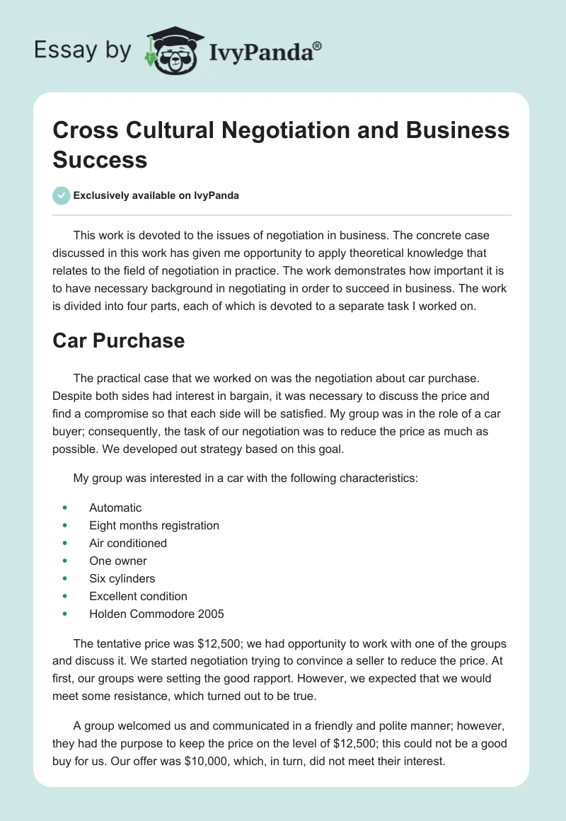 Cross Cultural Negotiation and Business Success. Page 1