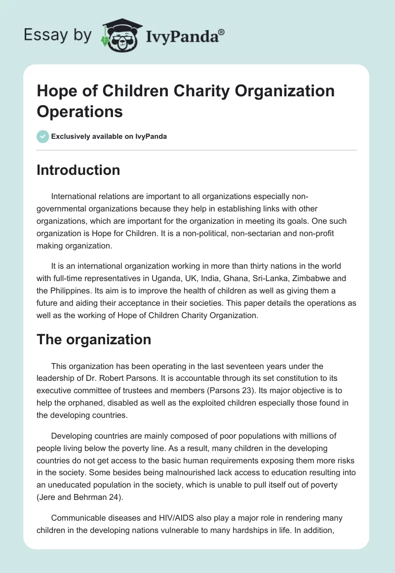 "Hope of Children" Charity Organization Operations. Page 1