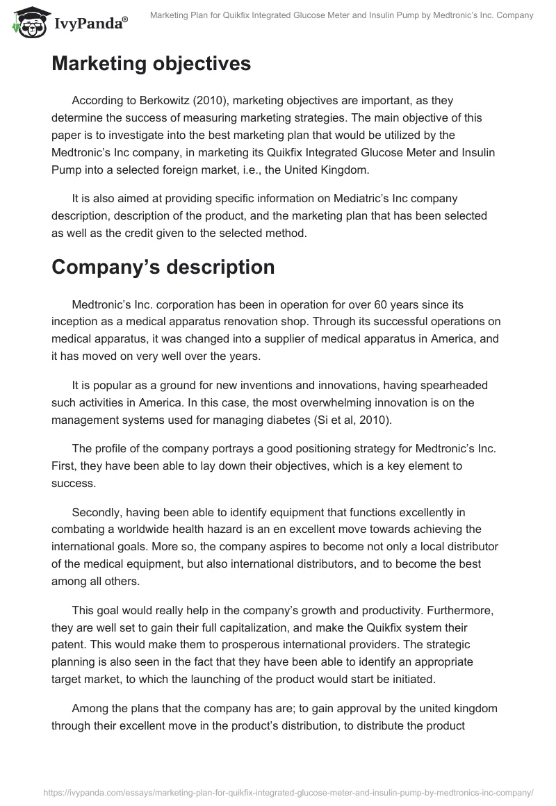Marketing Plan for Quikfix Integrated Glucose Meter and Insulin Pump by Medtronic’s Inc. Company. Page 2