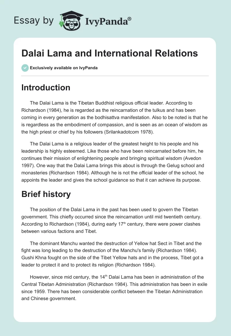 Dalai Lama and International Relations. Page 1