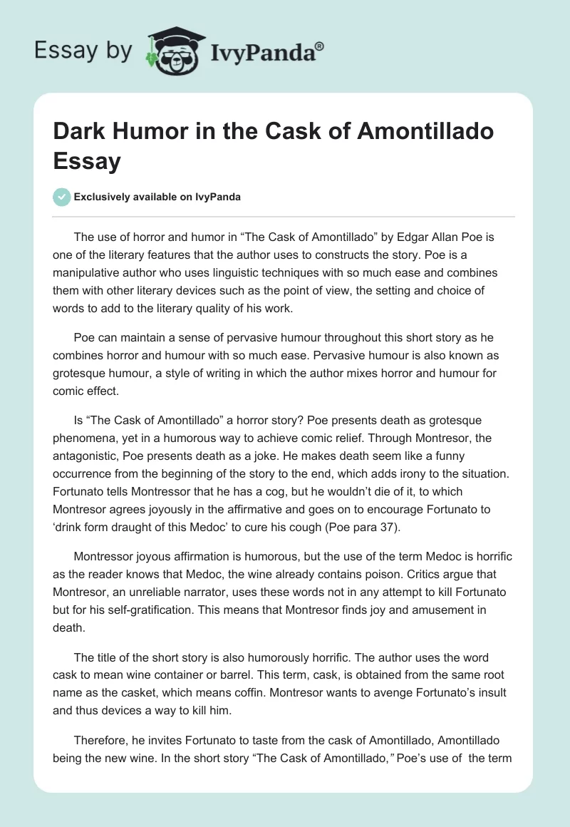 Dark Humor in The Cask of Amontillado Essay. Page 1