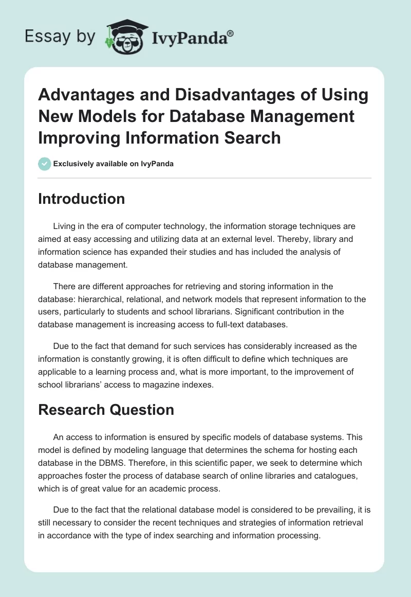 Advantages and Disadvantages of Using New Models for Database Management Improving Information Search. Page 1