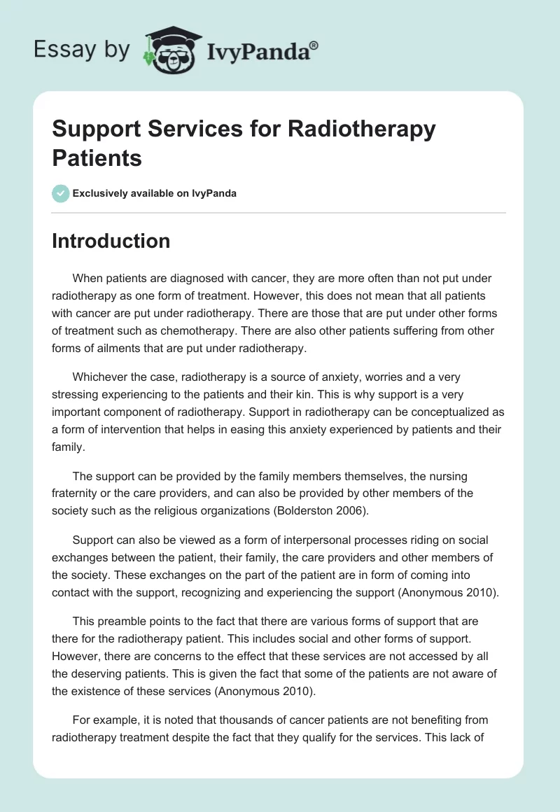 Support Services for Radiotherapy Patients. Page 1