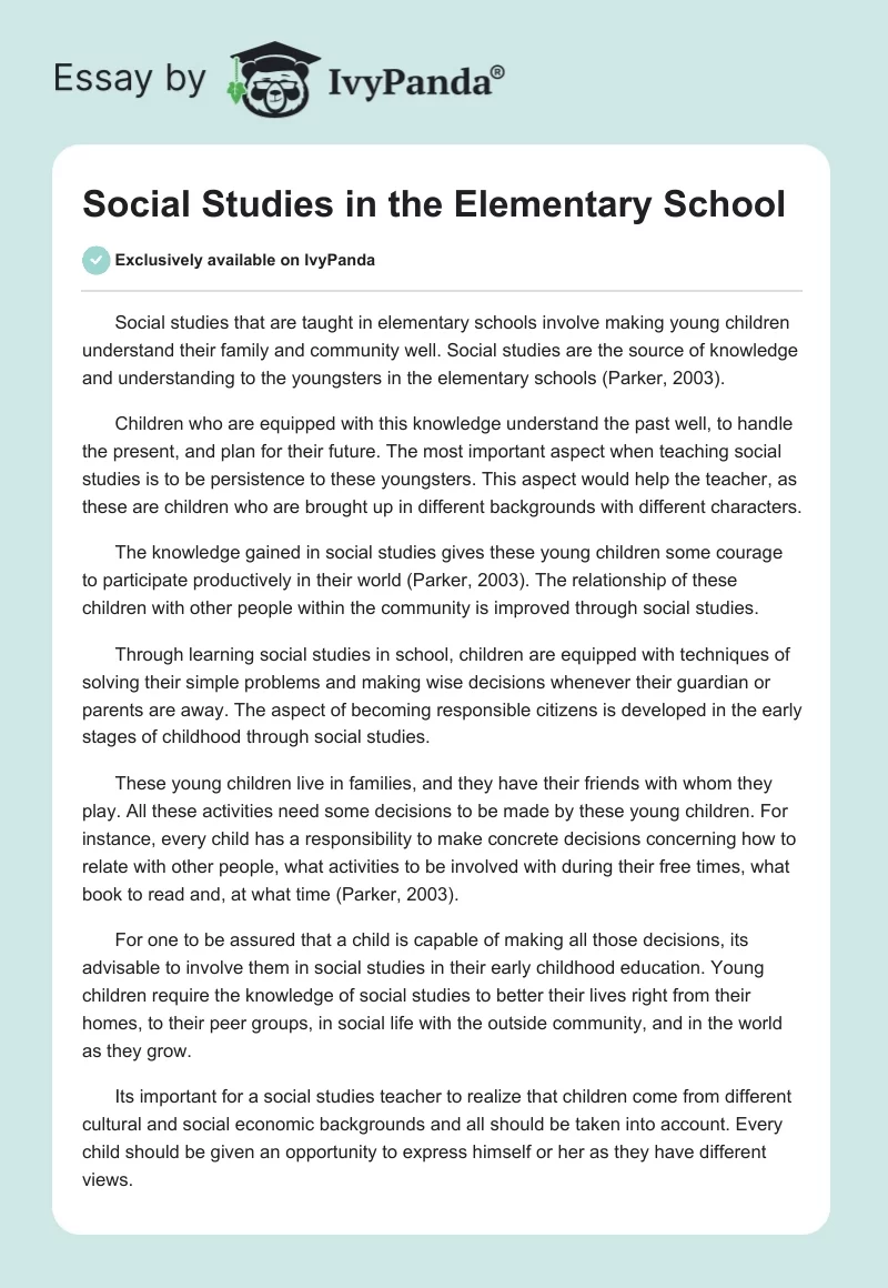 Social Studies in the Elementary School. Page 1