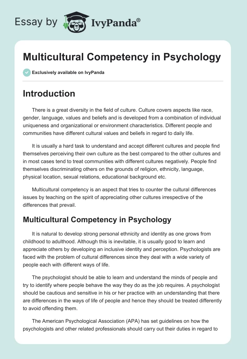 Multicultural Competency in Psychology. Page 1