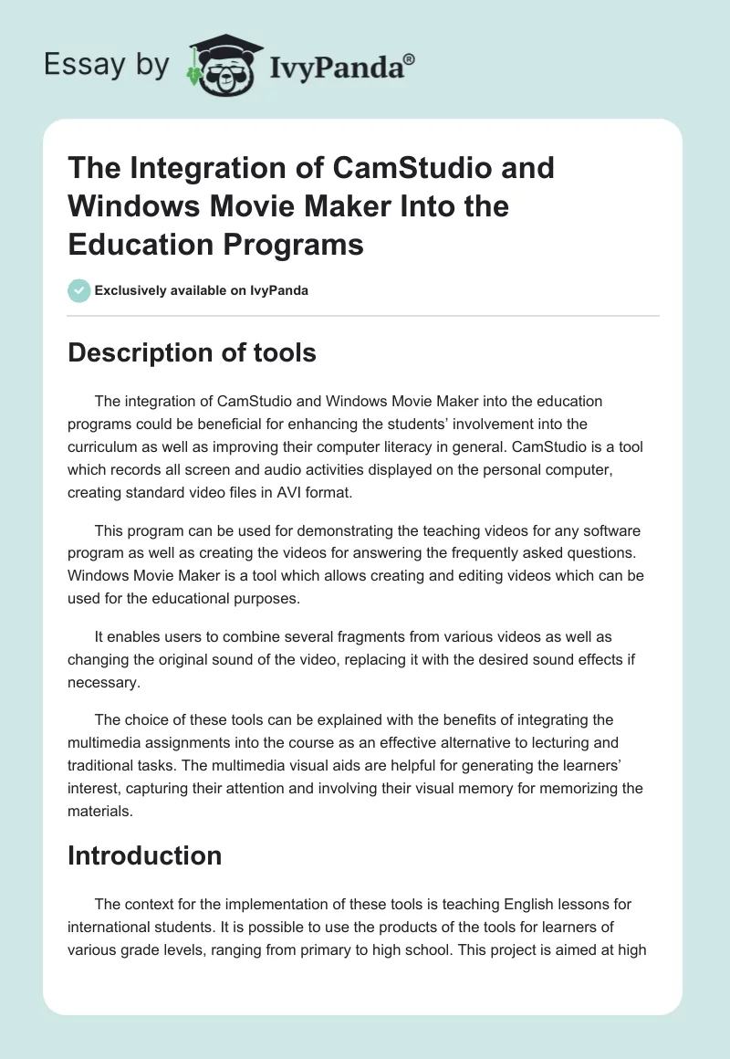 The Integration of CamStudio and Windows Movie Maker Into the Education Programs. Page 1