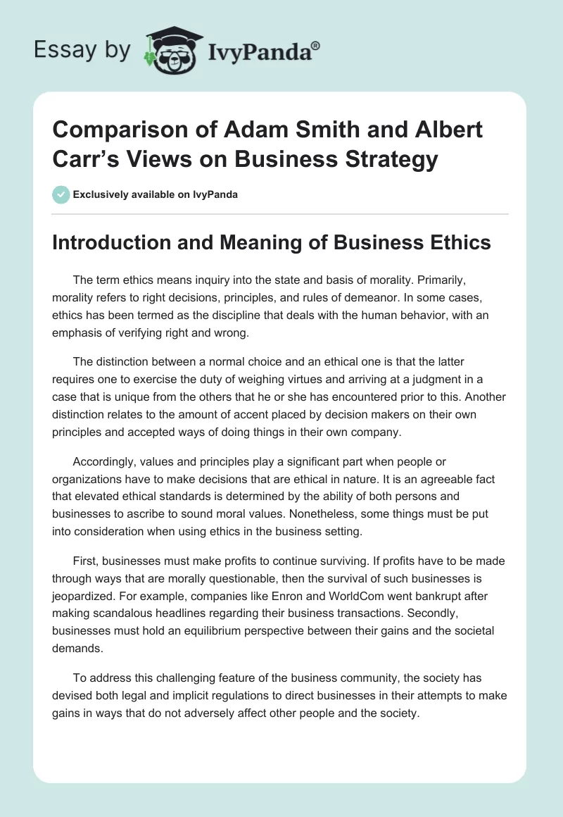 Comparison of Adam Smith and Albert Carr’s Views on Business Strategy. Page 1