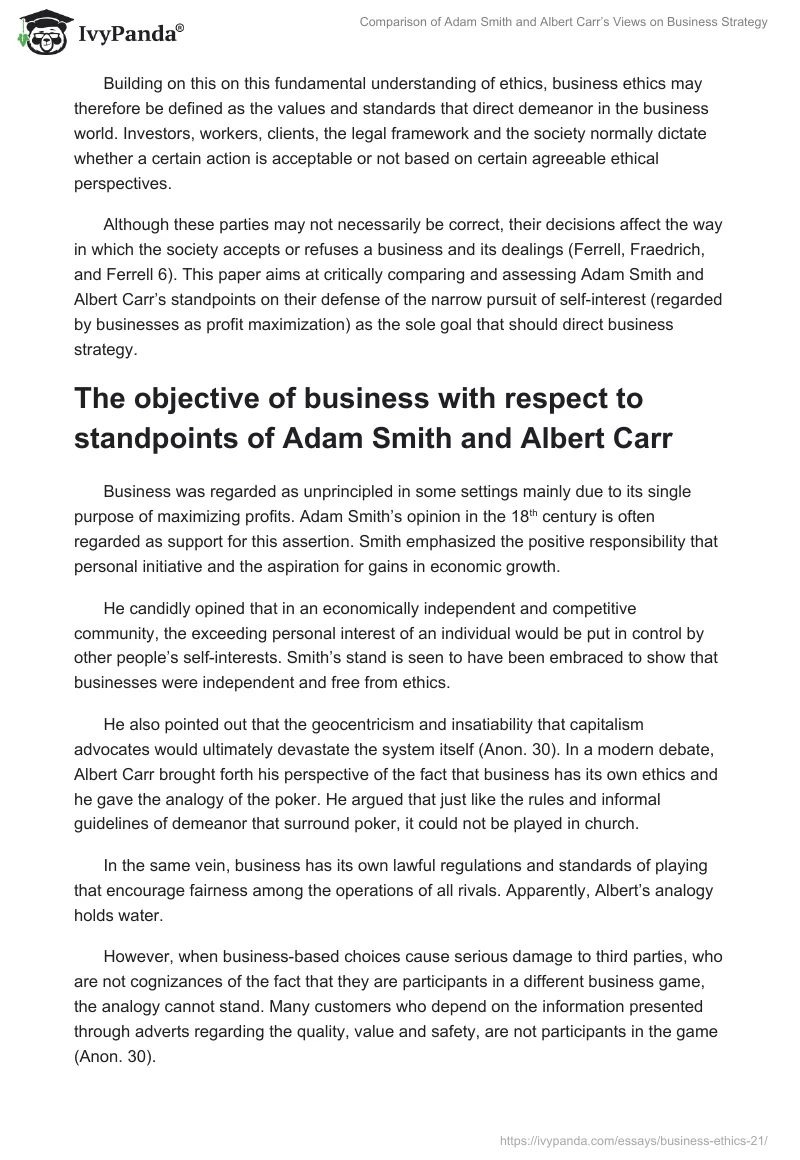 Comparison of Adam Smith and Albert Carr’s Views on Business Strategy. Page 2