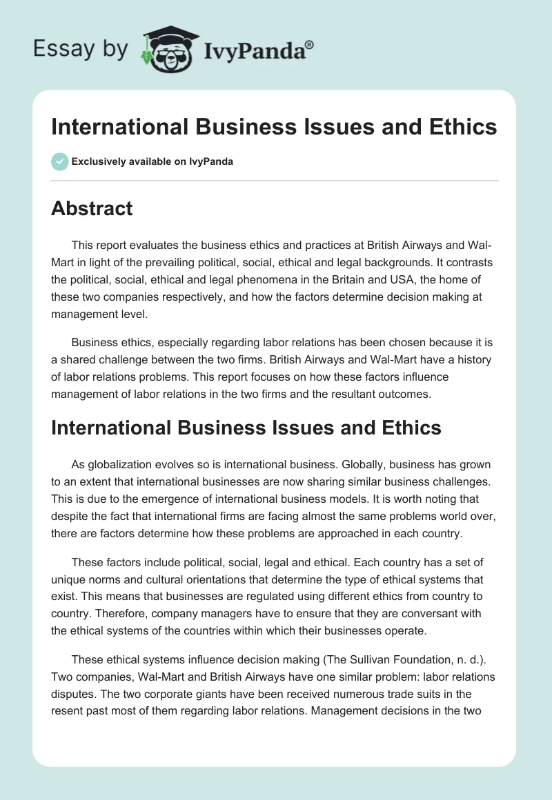 International Business Issues and Ethics. Page 1