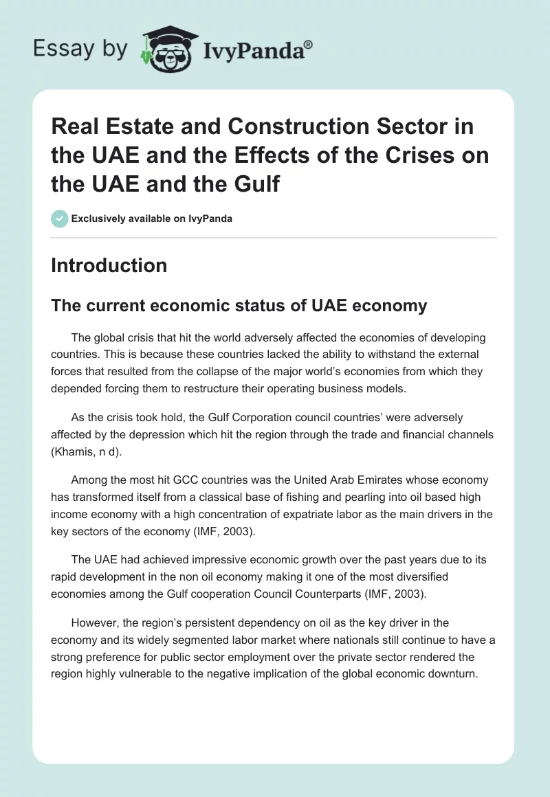 Real Estate and Construction Sector in the UAE and the Effects of the Crises on the UAE and the Gulf. Page 1