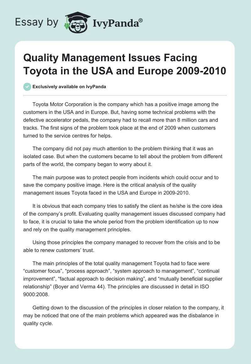 Quality Management Issues Facing Toyota in the USA and Europe 2009-2010. Page 1