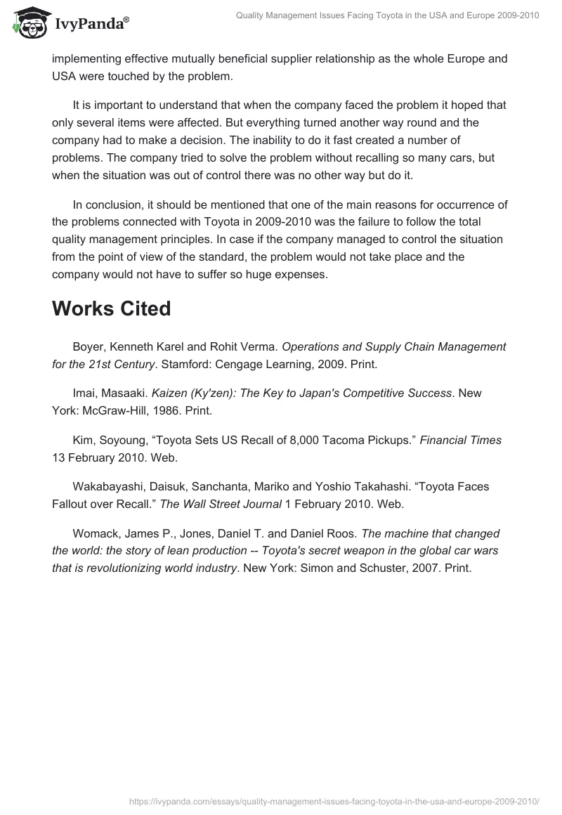Quality Management Issues Facing Toyota in the USA and Europe 2009-2010. Page 3