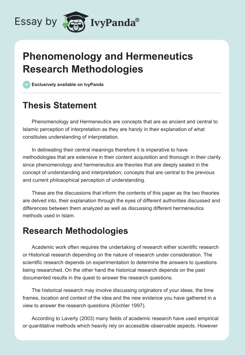 Phenomenology and Hermeneutics Research Methodologies. Page 1