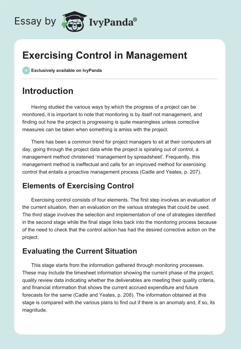 Exercising Control in Management. Page 1