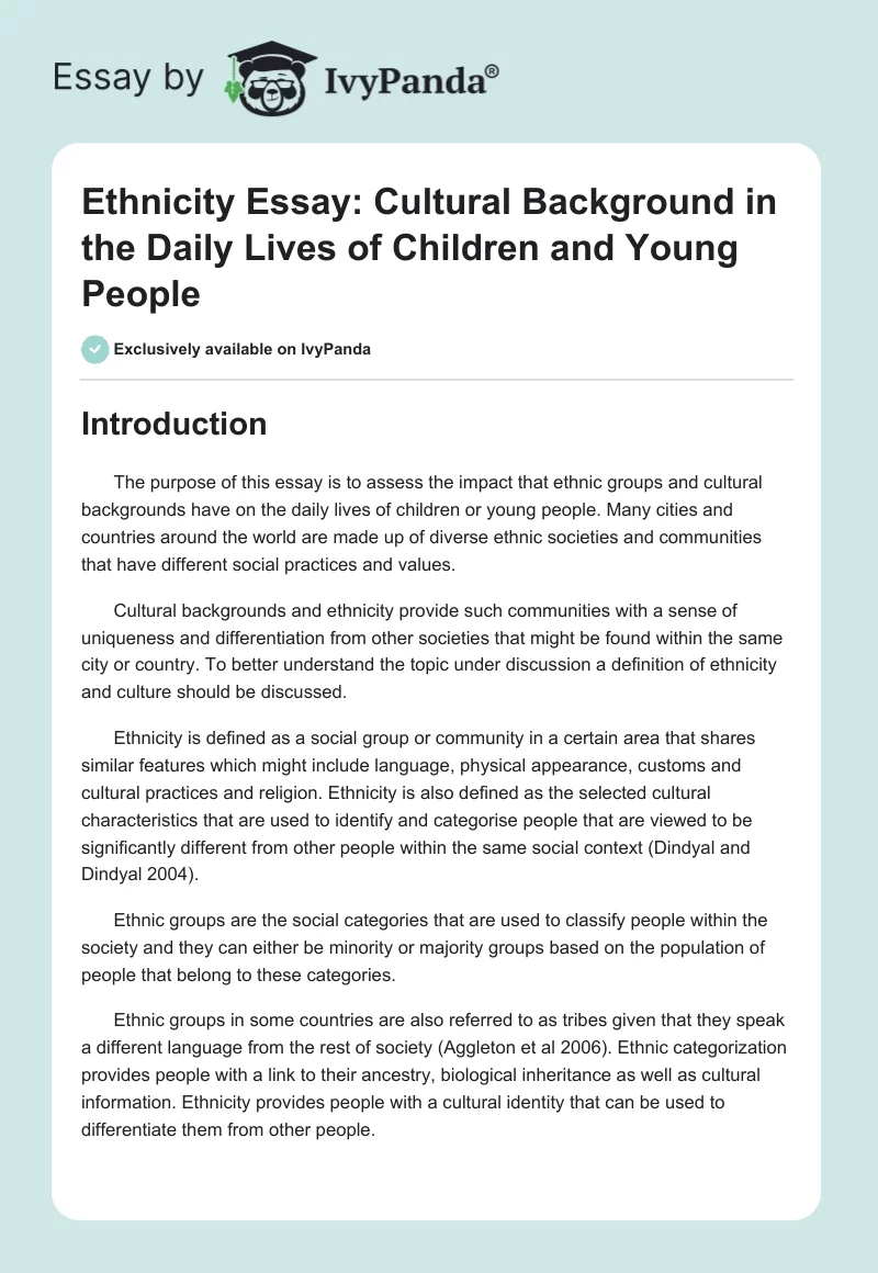 Ethnicity Essay: Cultural Background in the Daily Lives of Children and Young People. Page 1