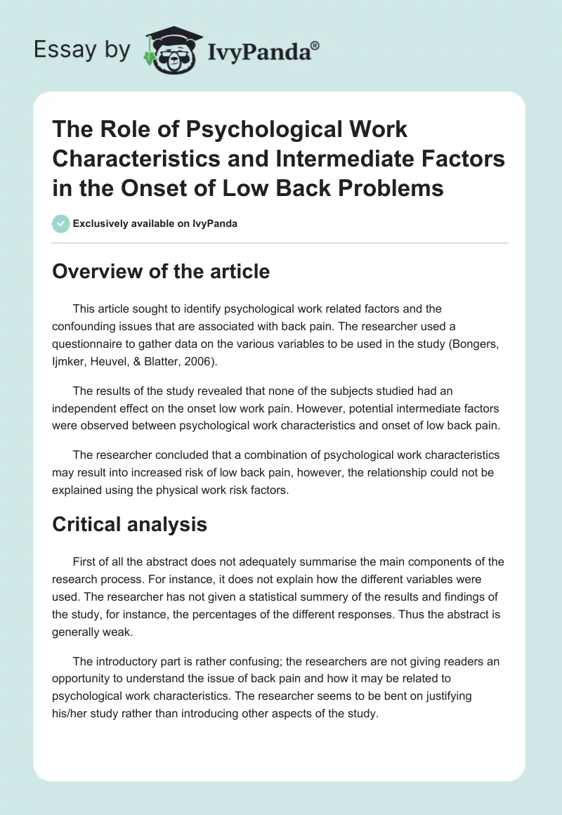 The Role of Psychological Work Characteristics and Intermediate Factors in the Onset of Low Back Problems. Page 1