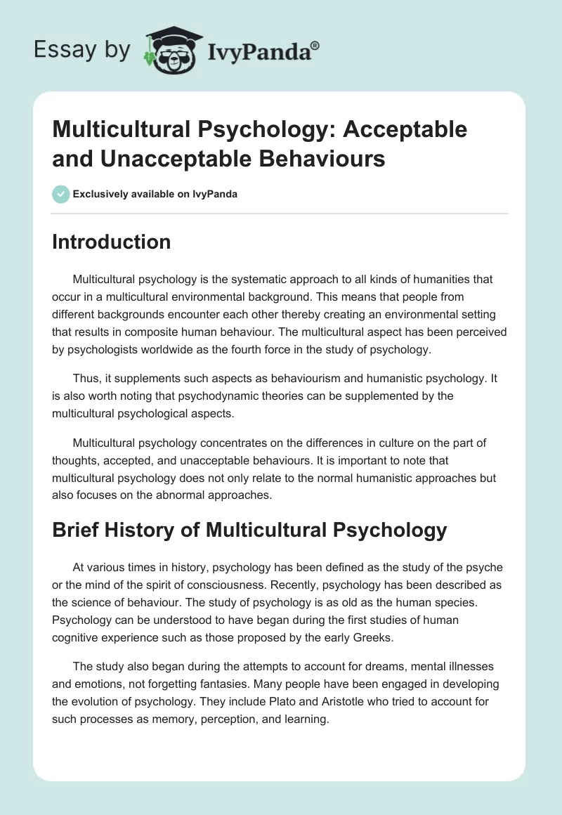 Multicultural Psychology: Acceptable and Unacceptable Behaviours. Page 1