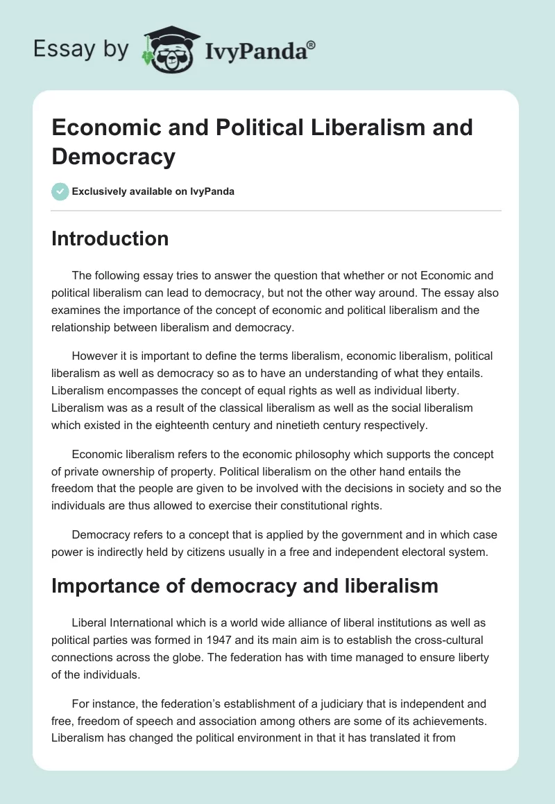 Economic and Political Liberalism and Democracy. Page 1