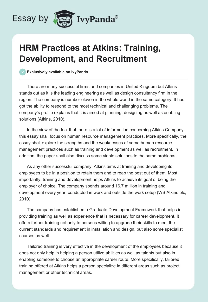 HRM Practices at Atkins: Training, Development, and Recruitment. Page 1