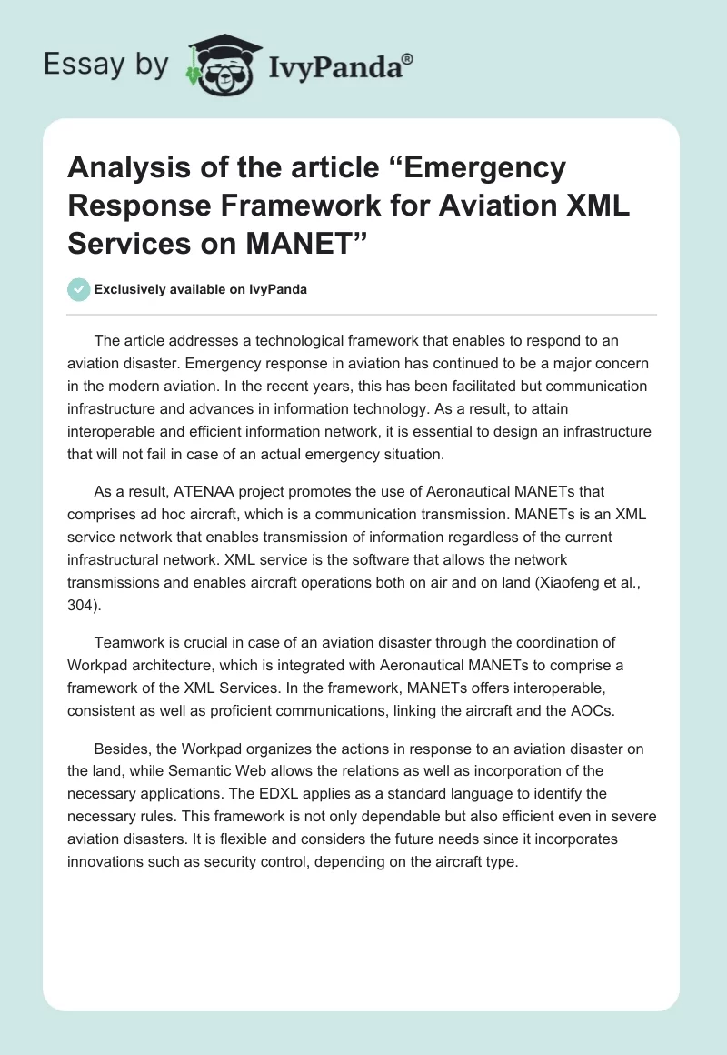 Analysis of the article “Emergency Response Framework for Aviation XML Services on MANET”. Page 1
