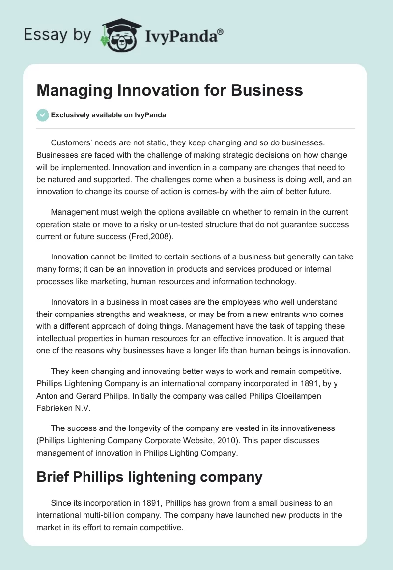 Managing Innovation for Business. Page 1