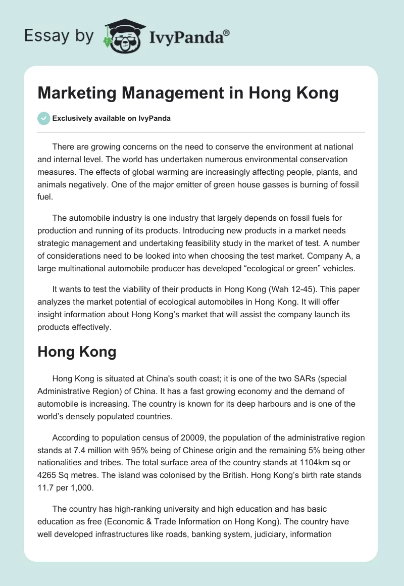 Marketing Management in Hong Kong. Page 1