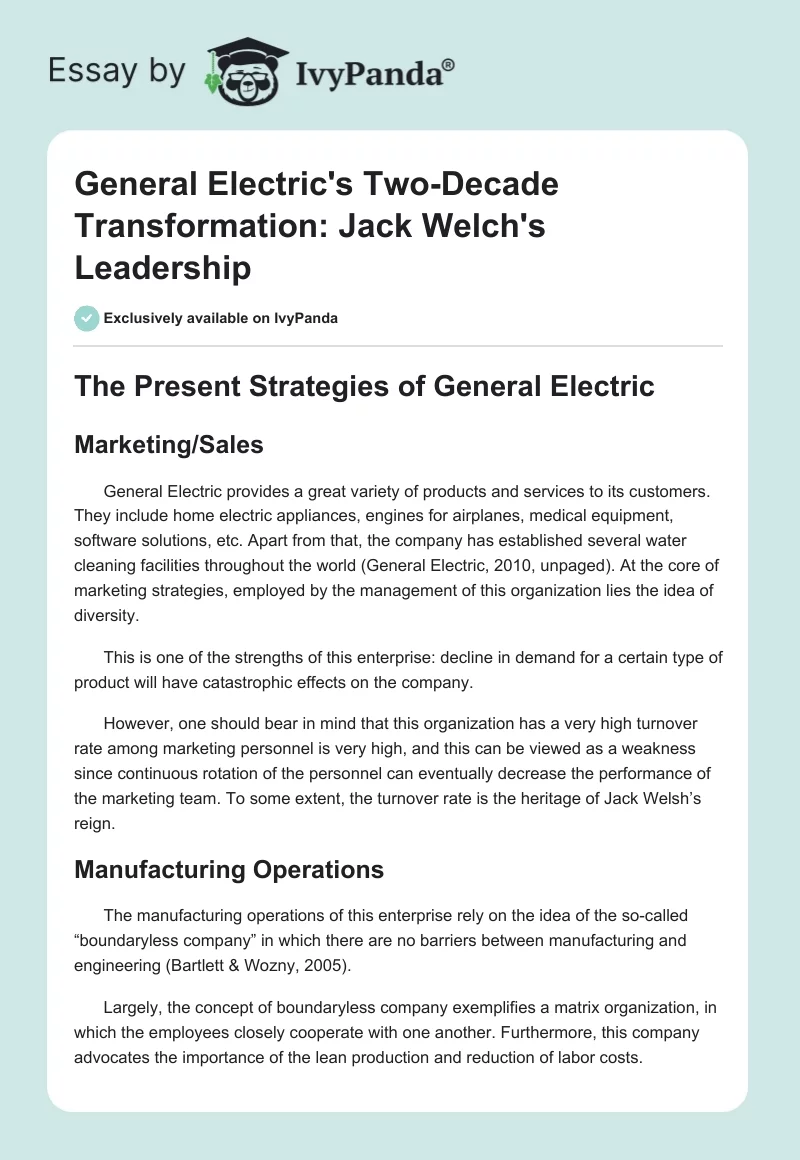 General Electric's Two-Decade Transformation: Jack Welch's Leadership. Page 1