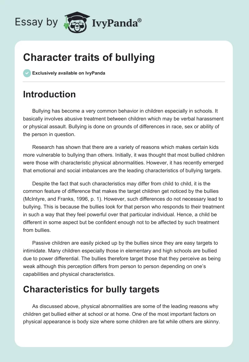 Character Traits of Bullying. Page 1